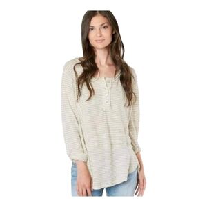 We The Free Womens Natural Beige Striped Cotton Linen Henley Top Medium